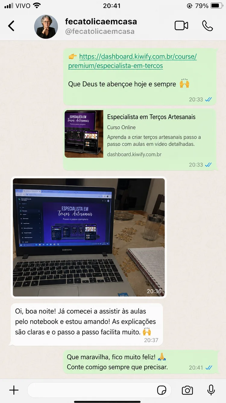 Print de conversa no WhatsApp: aluna diz que já começou a assistir às aulas pelo notebook e está amando