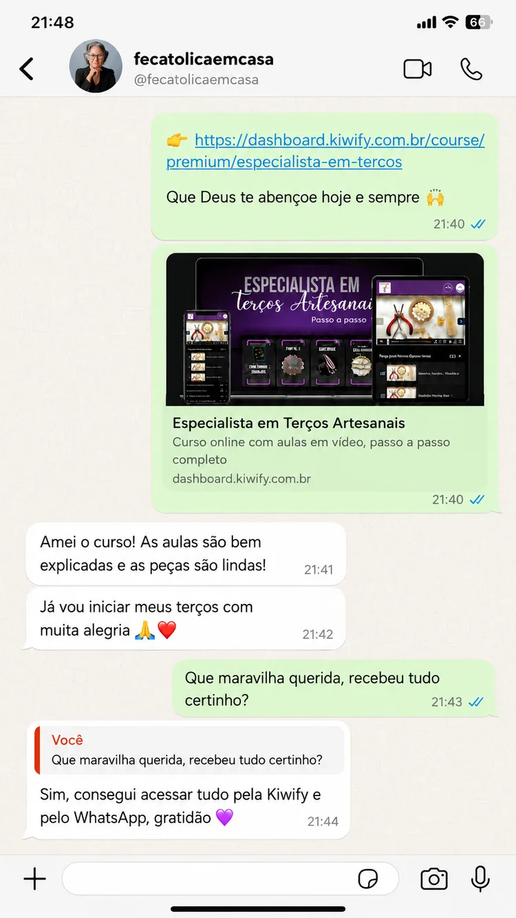 Print de conversa no WhatsApp: aluna diz que amou o curso, as aulas são bem explicadas e as peças lindas