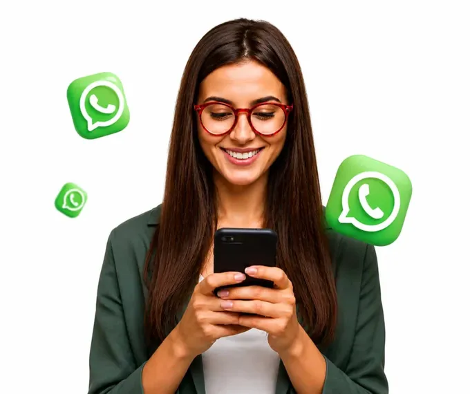 Bônus 04 — Mulher sorridente usando o celular com ícones de WhatsApp ao redor, simbolizando o Grupo VIP de alunas